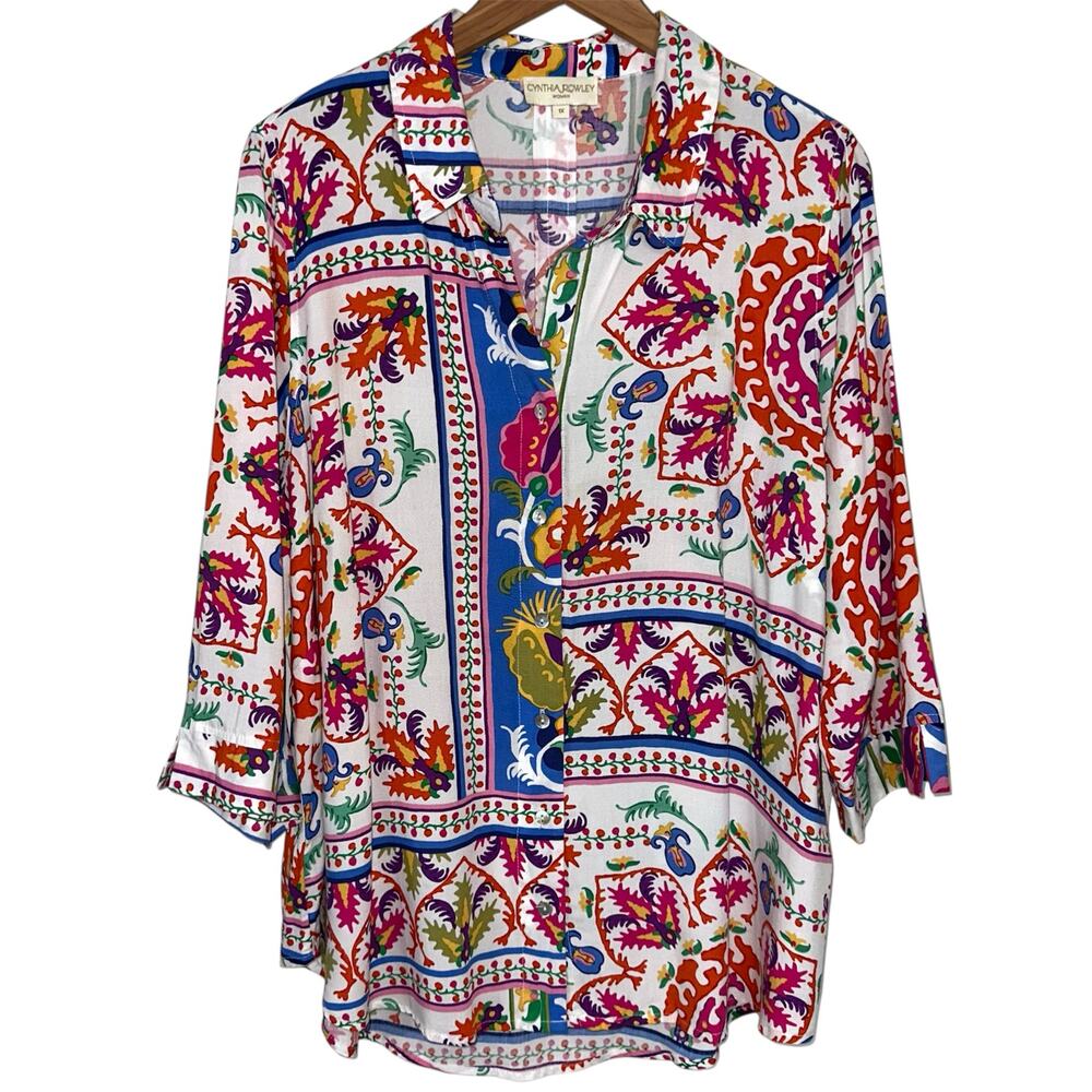 Cynthia Rowley Woman Colorful Patchwork Floral Paisley Button Up Top Size 1X